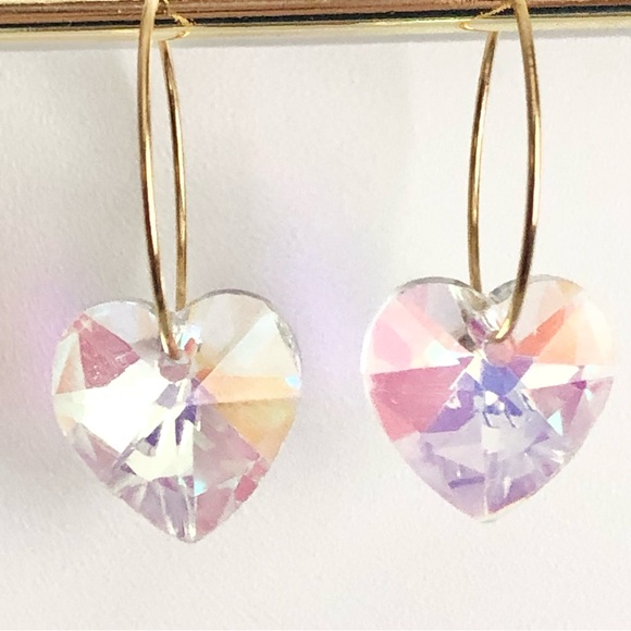 New Handmade Sparkling Dangling Crystal Heart Hoop Earrings Lightweight Elegant - Picture 5 of 8